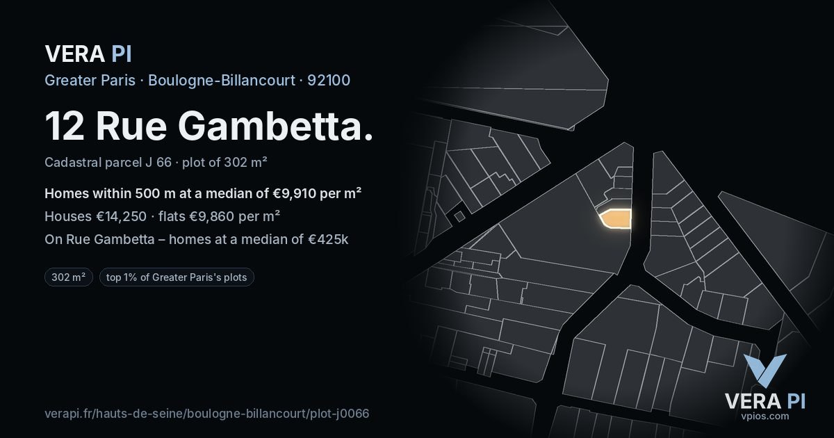 12 Rue Gambetta, Boulogne-Billancourt at night – the plot lit, the parcels around coloured by the prices near them