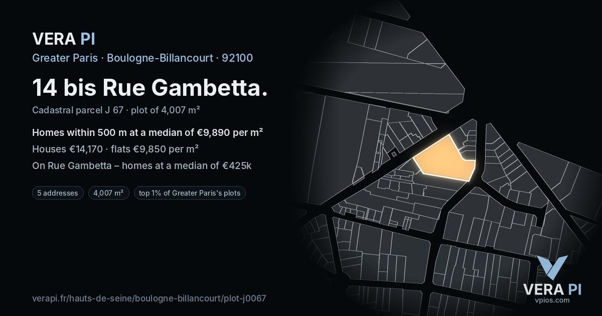14 bis Rue Gambetta, Boulogne-Billancourt at night – the plot lit, the parcels around coloured by the prices near them