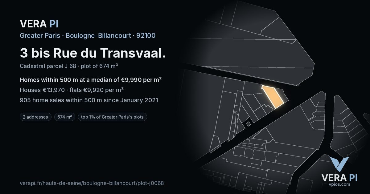 3 bis Rue du Transvaal, Boulogne-Billancourt at night – the plot lit, the parcels around coloured by the prices near them