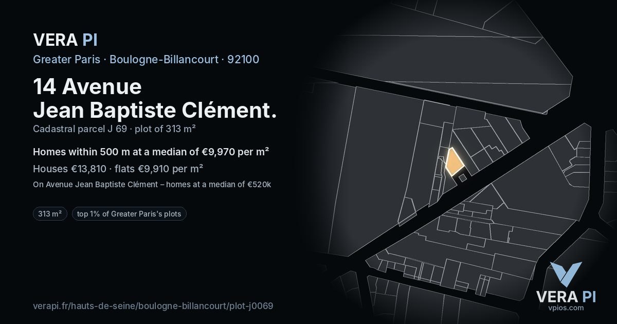 14 Avenue Jean Baptiste Clément, Boulogne-Billancourt at night – the plot lit, the parcels around coloured by the prices near them