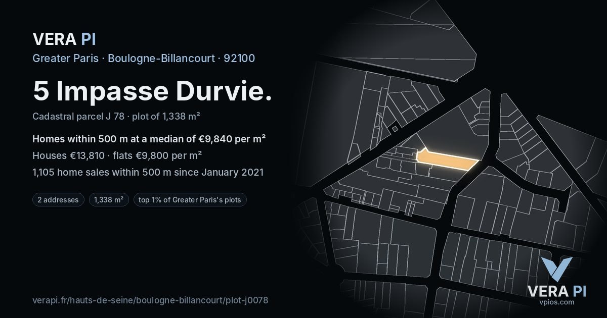 5 Impasse Durvie, Boulogne-Billancourt at night – the plot lit, the parcels around coloured by the prices near them