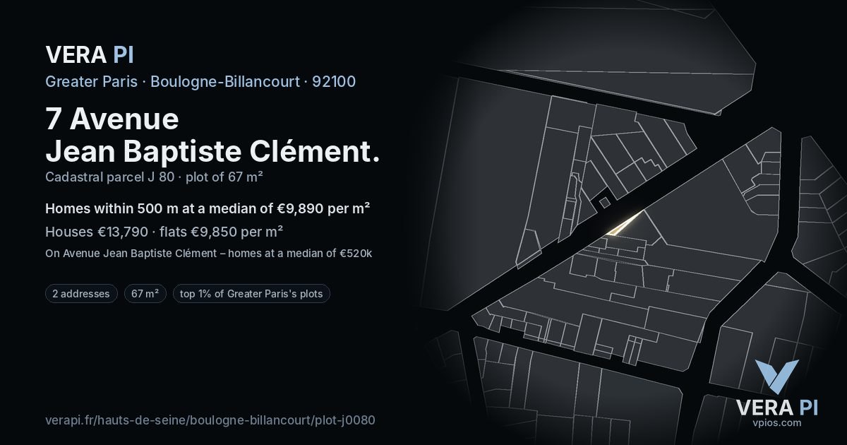 7 Avenue Jean Baptiste Clément, Boulogne-Billancourt at night – the plot lit, the parcels around coloured by the prices near them