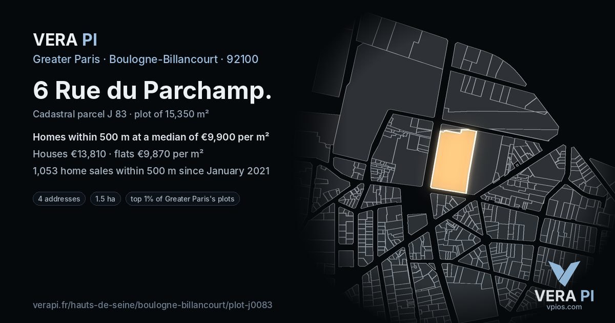 6 Rue du Parchamp, Boulogne-Billancourt at night – the plot lit, the parcels around coloured by the prices near them