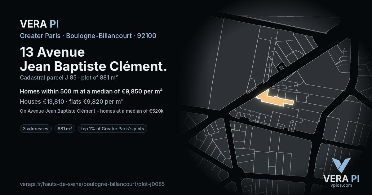 13 Avenue Jean Baptiste Clément, Boulogne-Billancourt at night – the plot lit, the parcels around coloured by the prices near them