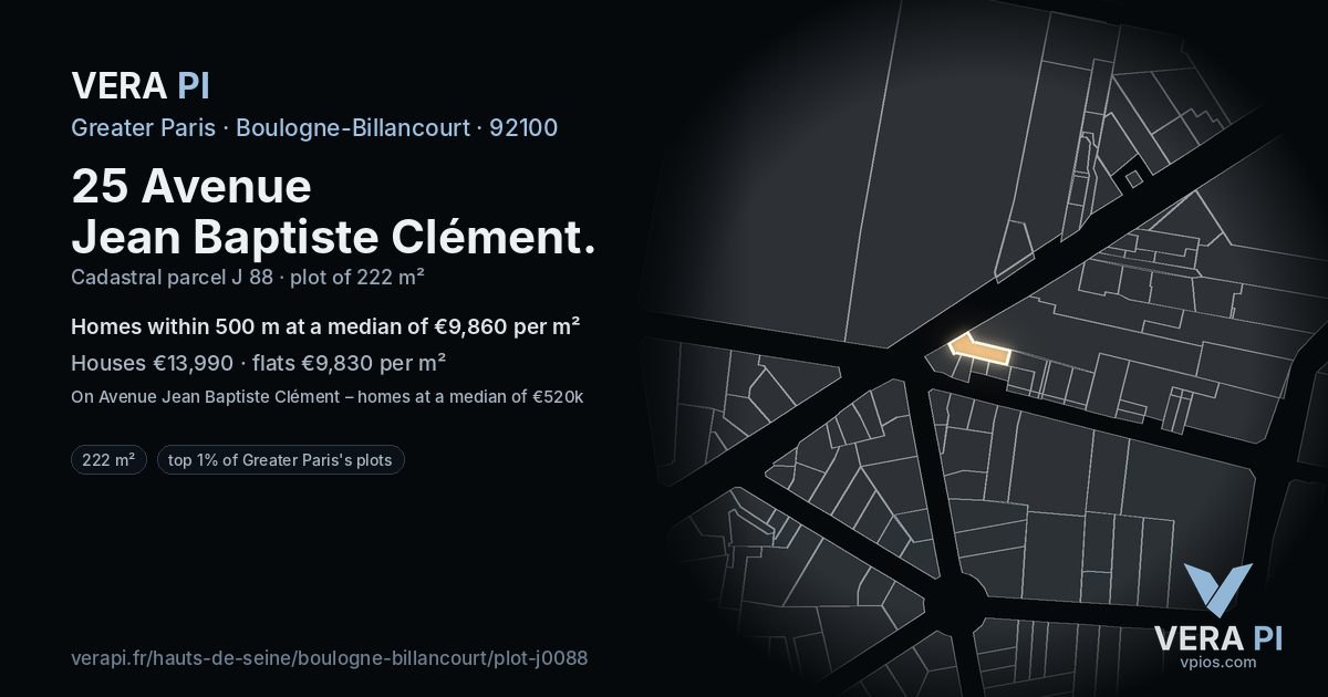 25 Avenue Jean Baptiste Clément, Boulogne-Billancourt at night – the plot lit, the parcels around coloured by the prices near them