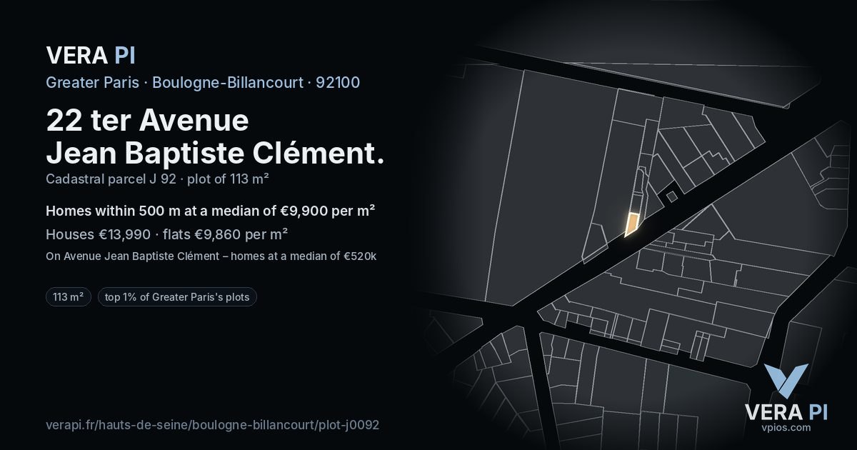 22 ter Avenue Jean Baptiste Clément, Boulogne-Billancourt at night – the plot lit, the parcels around coloured by the prices near them