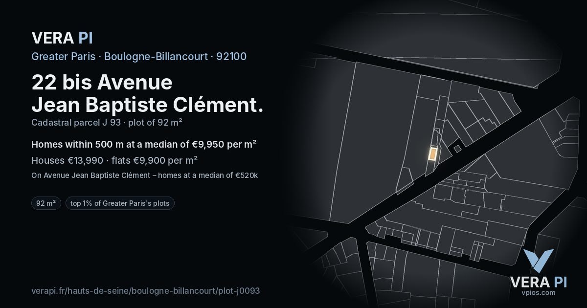 22 bis Avenue Jean Baptiste Clément, Boulogne-Billancourt at night – the plot lit, the parcels around coloured by the prices near them
