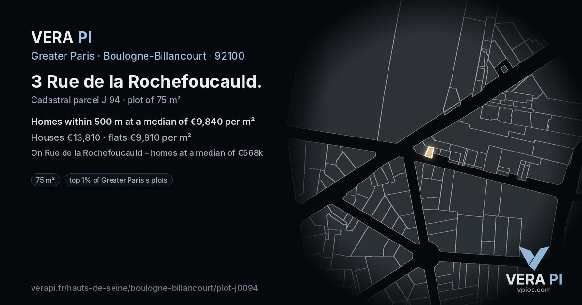 3 Rue de la Rochefoucauld, Boulogne-Billancourt at night – the plot lit, the parcels around coloured by the prices near them