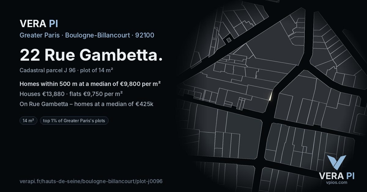22 Rue Gambetta, Boulogne-Billancourt at night – the plot lit, the parcels around coloured by the prices near them