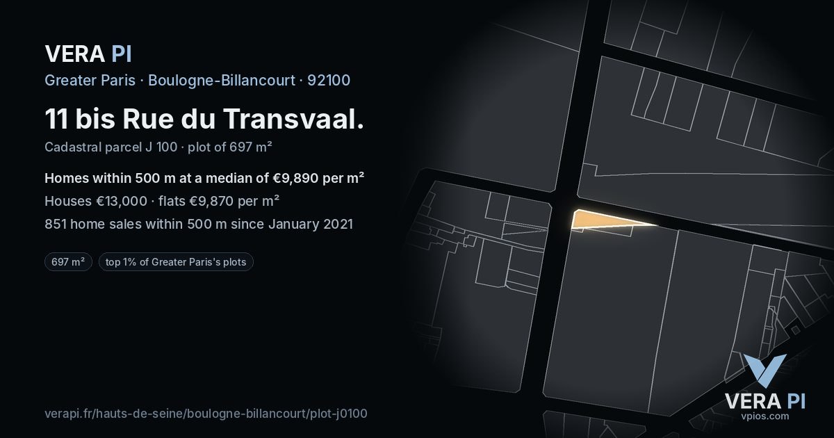 11 bis Rue du Transvaal, Boulogne-Billancourt at night – the plot lit, the parcels around coloured by the prices near them
