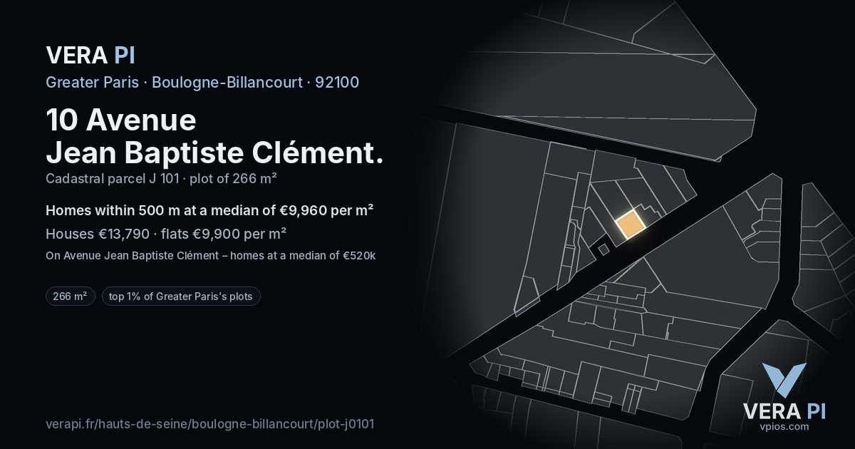 10 Avenue Jean Baptiste Clément, Boulogne-Billancourt at night – the plot lit, the parcels around coloured by the prices near them