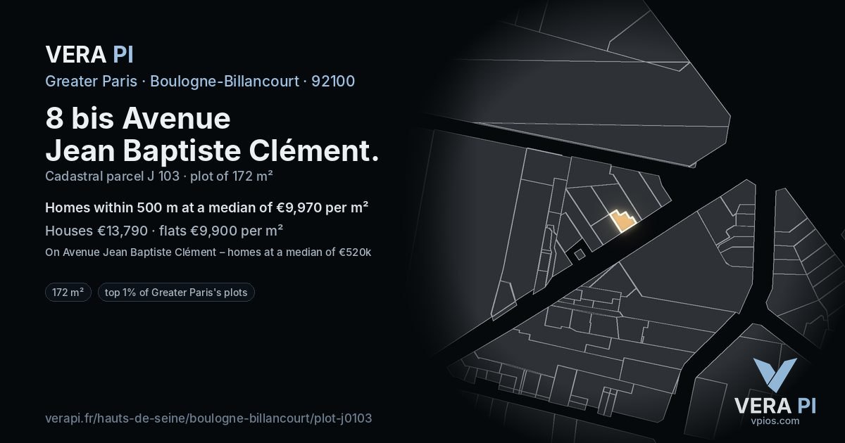 8 bis Avenue Jean Baptiste Clément, Boulogne-Billancourt at night – the plot lit, the parcels around coloured by the prices near them