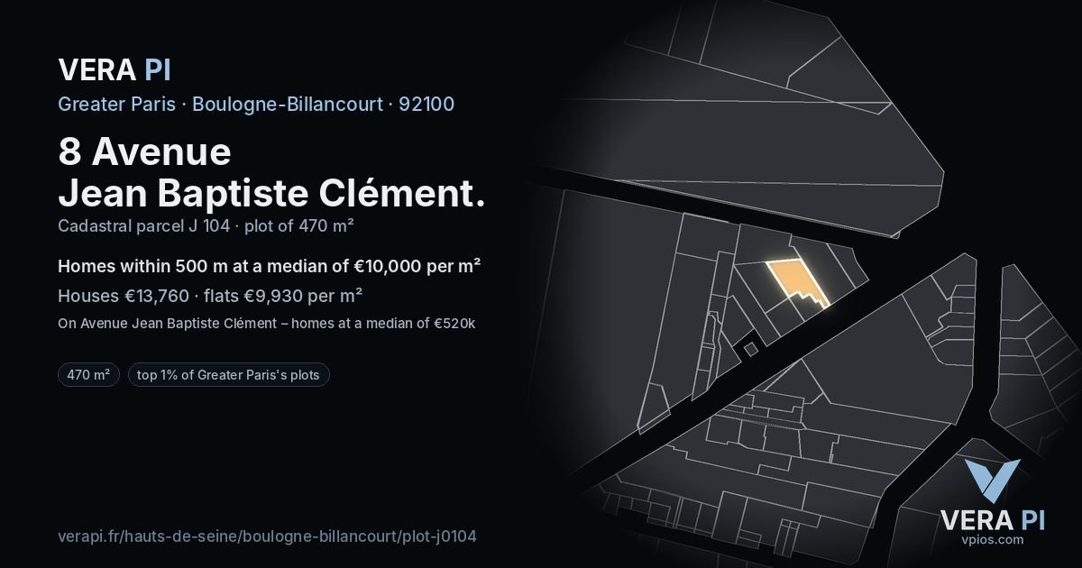 8 Avenue Jean Baptiste Clément, Boulogne-Billancourt at night – the plot lit, the parcels around coloured by the prices near them