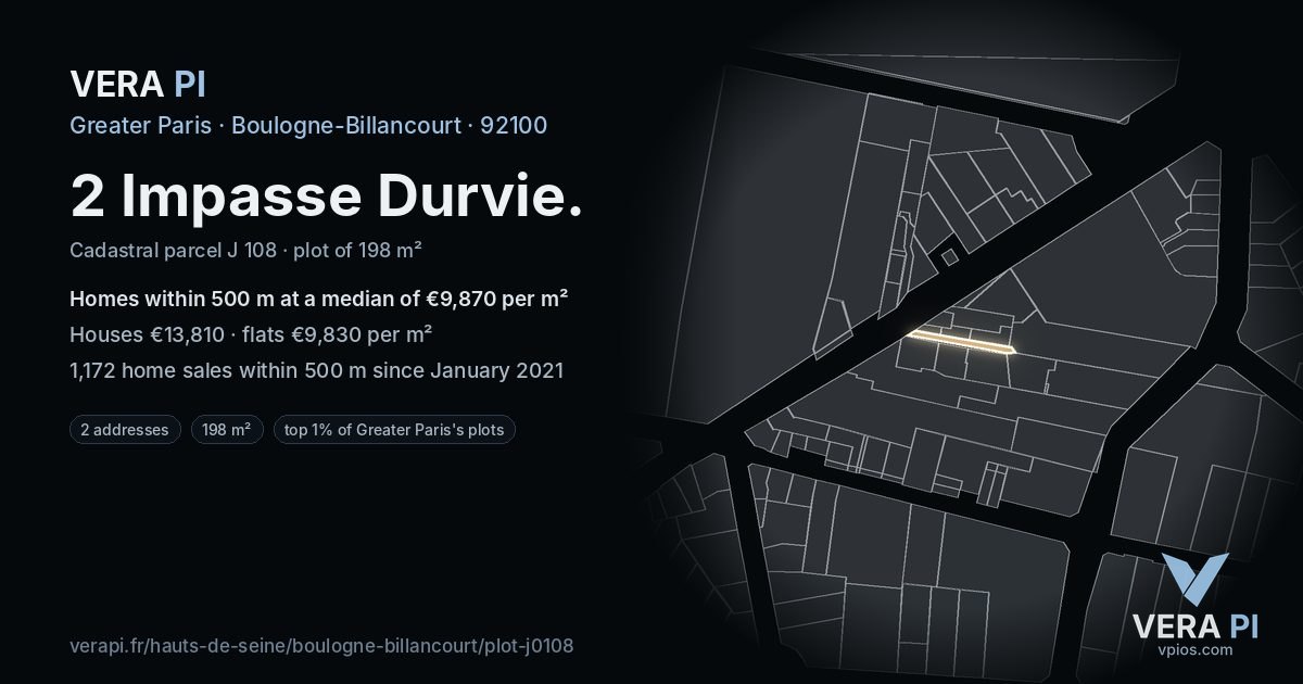 2 Impasse Durvie, Boulogne-Billancourt at night – the plot lit, the parcels around coloured by the prices near them