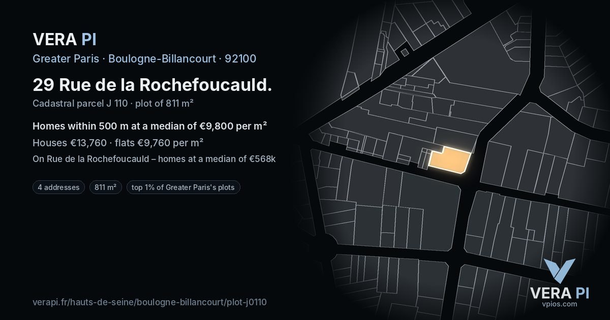 29 Rue de la Rochefoucauld, Boulogne-Billancourt at night – the plot lit, the parcels around coloured by the prices near them