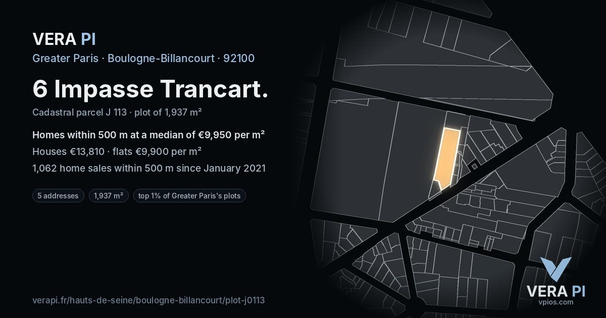 6 Impasse Trancart, Boulogne-Billancourt at night – the plot lit, the parcels around coloured by the prices near them