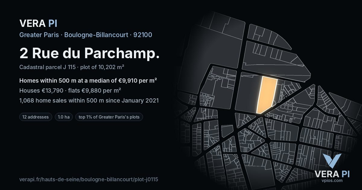 2 Rue du Parchamp, Boulogne-Billancourt at night – the plot lit, the parcels around coloured by the prices near them