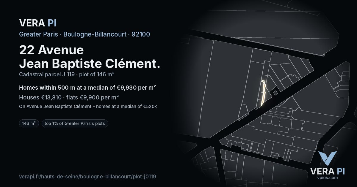 22 Avenue Jean Baptiste Clément, Boulogne-Billancourt at night – the plot lit, the parcels around coloured by the prices near them