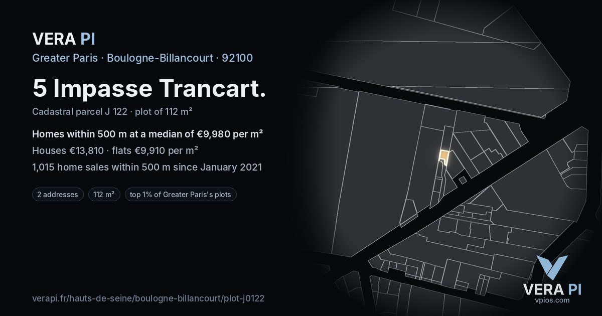 5 Impasse Trancart, Boulogne-Billancourt at night – the plot lit, the parcels around coloured by the prices near them