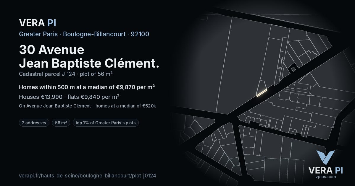 30 Avenue Jean Baptiste Clément, Boulogne-Billancourt at night – the plot lit, the parcels around coloured by the prices near them