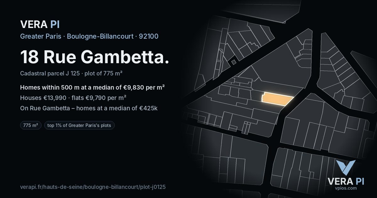 18 Rue Gambetta, Boulogne-Billancourt at night – the plot lit, the parcels around coloured by the prices near them