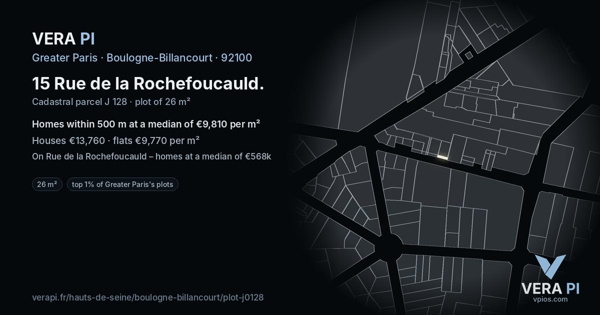 15 Rue de la Rochefoucauld, Boulogne-Billancourt at night – the plot lit, the parcels around coloured by the prices near them