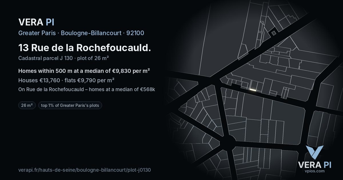 13 Rue de la Rochefoucauld, Boulogne-Billancourt at night – the plot lit, the parcels around coloured by the prices near them