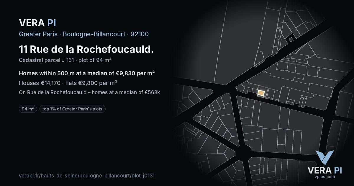 11 Rue de la Rochefoucauld, Boulogne-Billancourt at night – the plot lit, the parcels around coloured by the prices near them