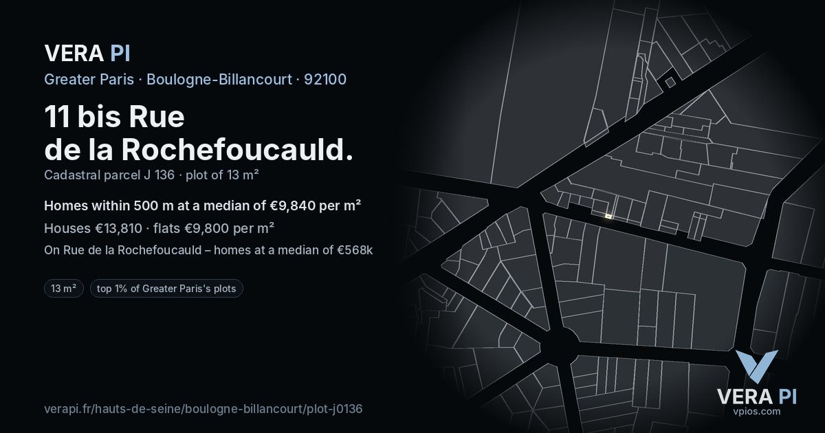 11 bis Rue de la Rochefoucauld, Boulogne-Billancourt at night – the plot lit, the parcels around coloured by the prices near them