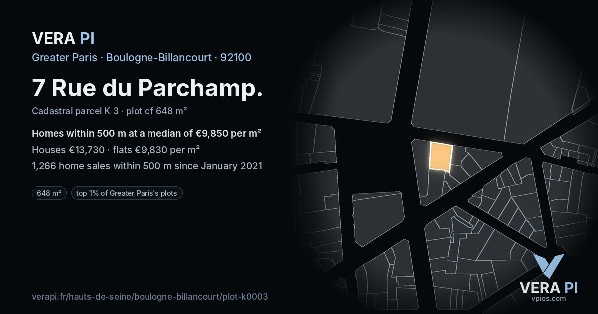 7 Rue du Parchamp, Boulogne-Billancourt at night – the plot lit, the parcels around coloured by the prices near them