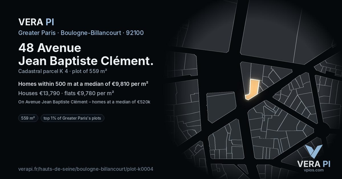 48 Avenue Jean Baptiste Clément, Boulogne-Billancourt at night – the plot lit, the parcels around coloured by the prices near them