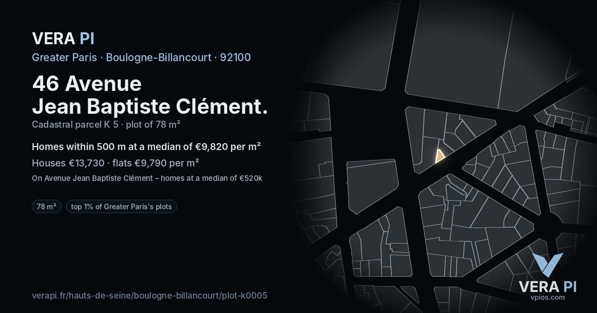 46 Avenue Jean Baptiste Clément, Boulogne-Billancourt at night – the plot lit, the parcels around coloured by the prices near them