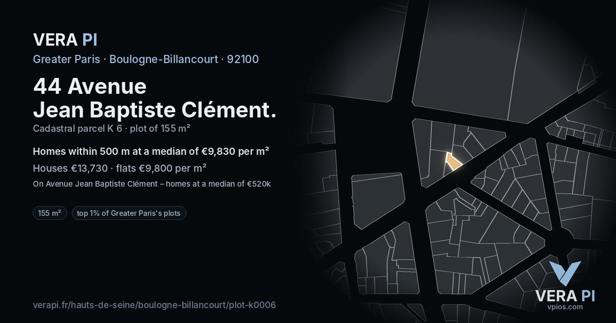 44 Avenue Jean Baptiste Clément, Boulogne-Billancourt at night – the plot lit, the parcels around coloured by the prices near them
