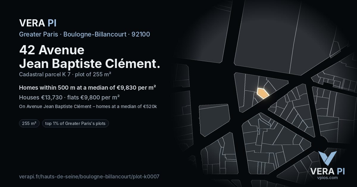 42 Avenue Jean Baptiste Clément, Boulogne-Billancourt at night – the plot lit, the parcels around coloured by the prices near them
