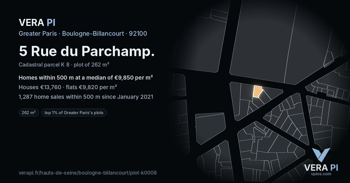 5 Rue du Parchamp, Boulogne-Billancourt at night – the plot lit, the parcels around coloured by the prices near them