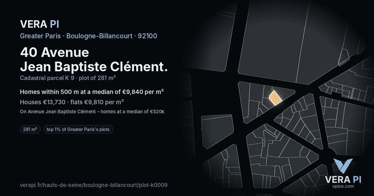 40 Avenue Jean Baptiste Clément, Boulogne-Billancourt at night – the plot lit, the parcels around coloured by the prices near them