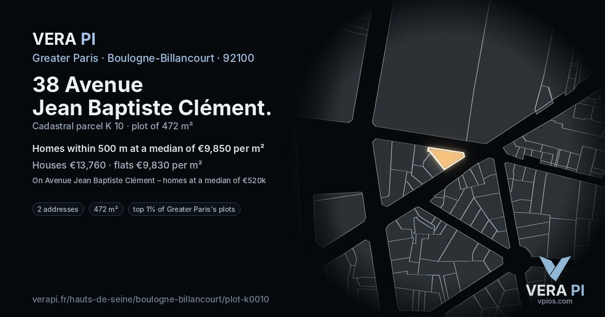 38 Avenue Jean Baptiste Clément, Boulogne-Billancourt at night – the plot lit, the parcels around coloured by the prices near them