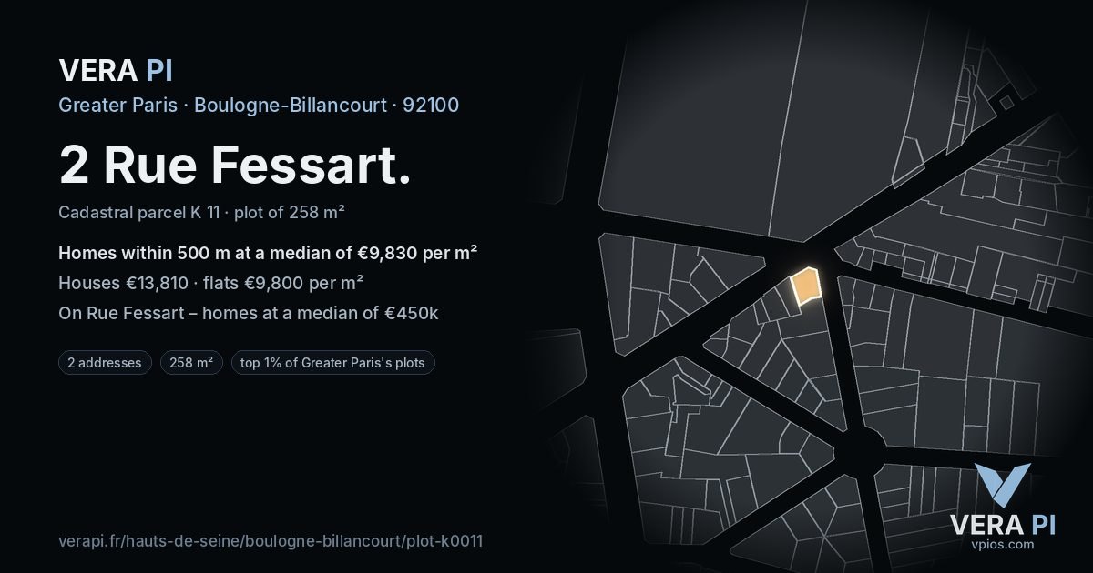 2 Rue Fessart, Boulogne-Billancourt at night – the plot lit, the parcels around coloured by the prices near them
