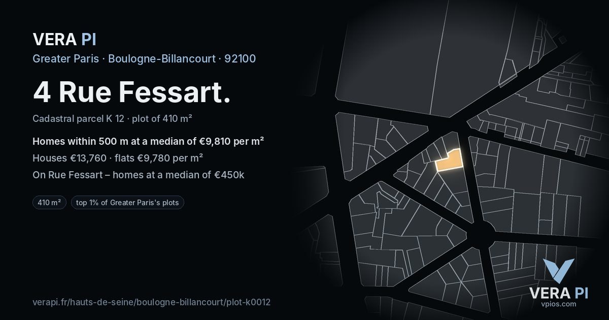 4 Rue Fessart, Boulogne-Billancourt at night – the plot lit, the parcels around coloured by the prices near them