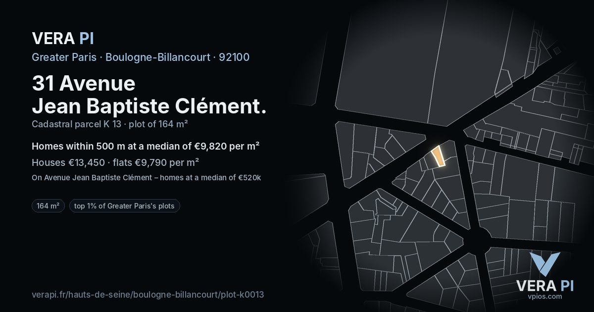31 Avenue Jean Baptiste Clément, Boulogne-Billancourt at night – the plot lit, the parcels around coloured by the prices near them