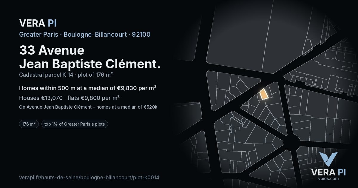 33 Avenue Jean Baptiste Clément, Boulogne-Billancourt at night – the plot lit, the parcels around coloured by the prices near them