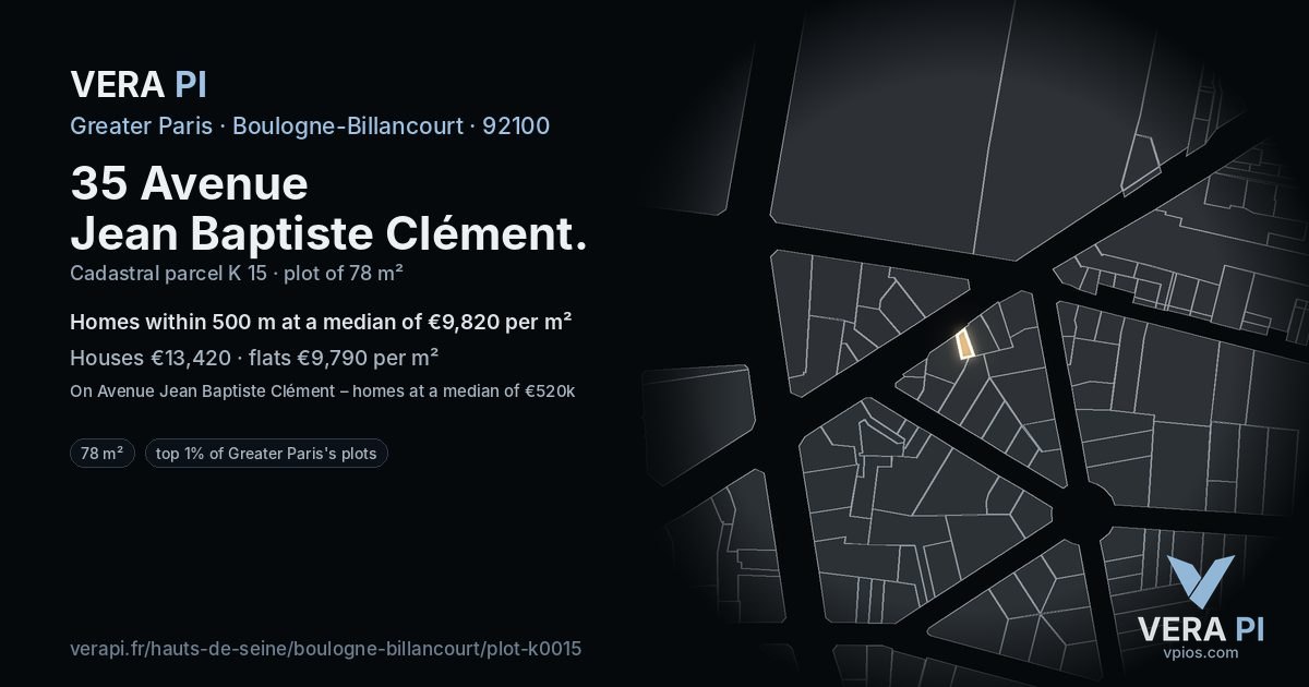 35 Avenue Jean Baptiste Clément, Boulogne-Billancourt at night – the plot lit, the parcels around coloured by the prices near them