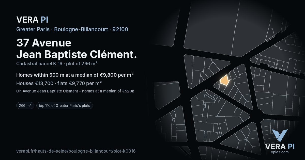 37 Avenue Jean Baptiste Clément, Boulogne-Billancourt at night – the plot lit, the parcels around coloured by the prices near them