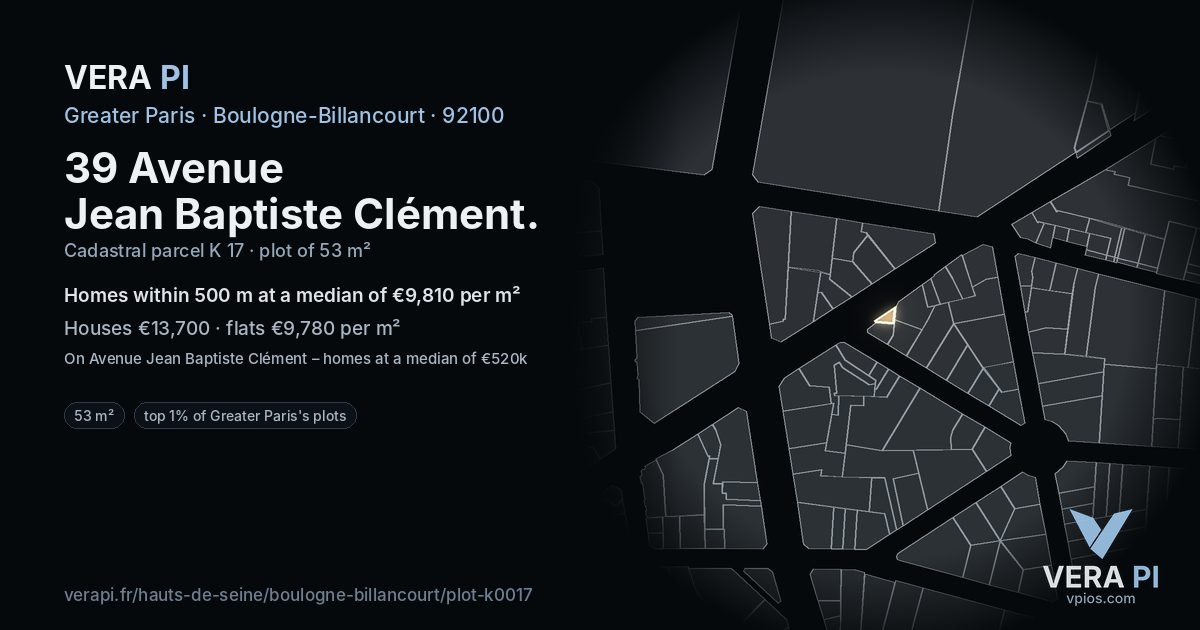 39 Avenue Jean Baptiste Clément, Boulogne-Billancourt at night – the plot lit, the parcels around coloured by the prices near them