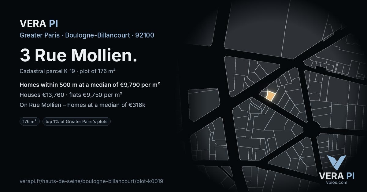 3 Rue Mollien, Boulogne-Billancourt at night – the plot lit, the parcels around coloured by the prices near them