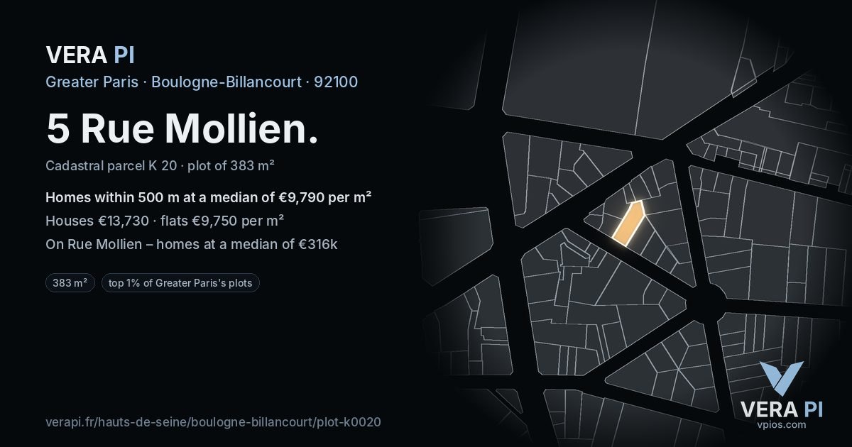 5 Rue Mollien, Boulogne-Billancourt at night – the plot lit, the parcels around coloured by the prices near them