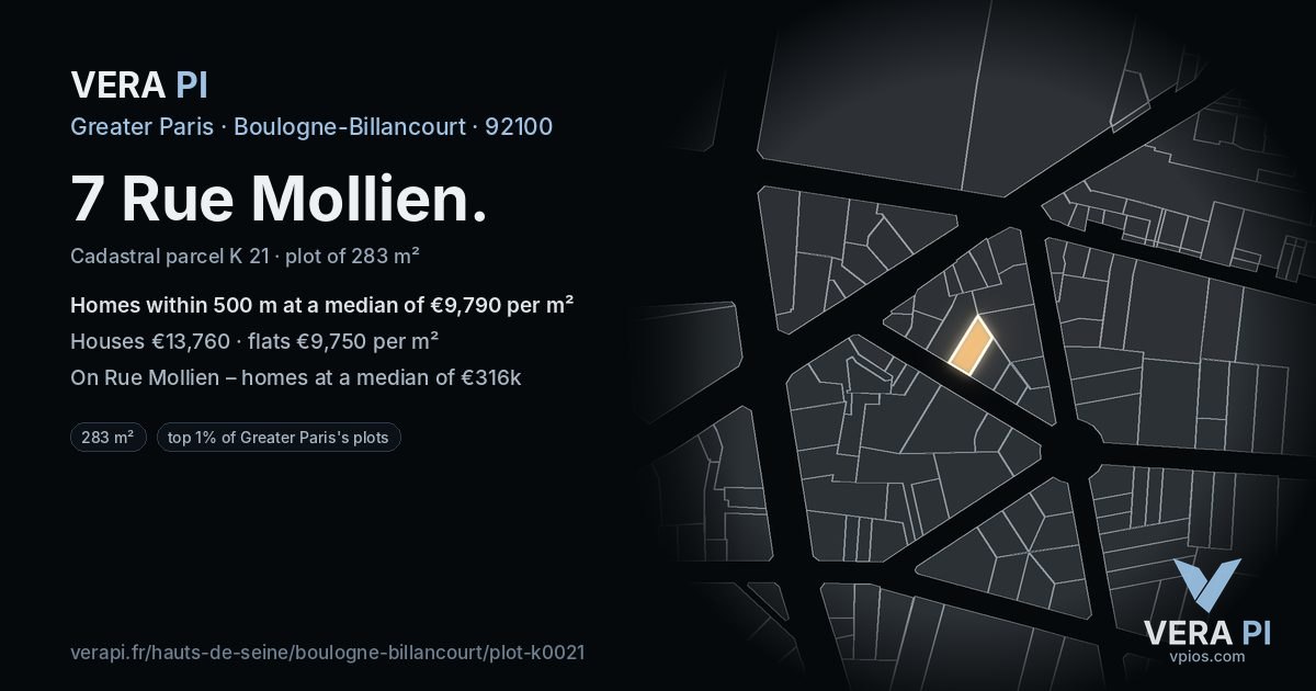 7 Rue Mollien, Boulogne-Billancourt at night – the plot lit, the parcels around coloured by the prices near them