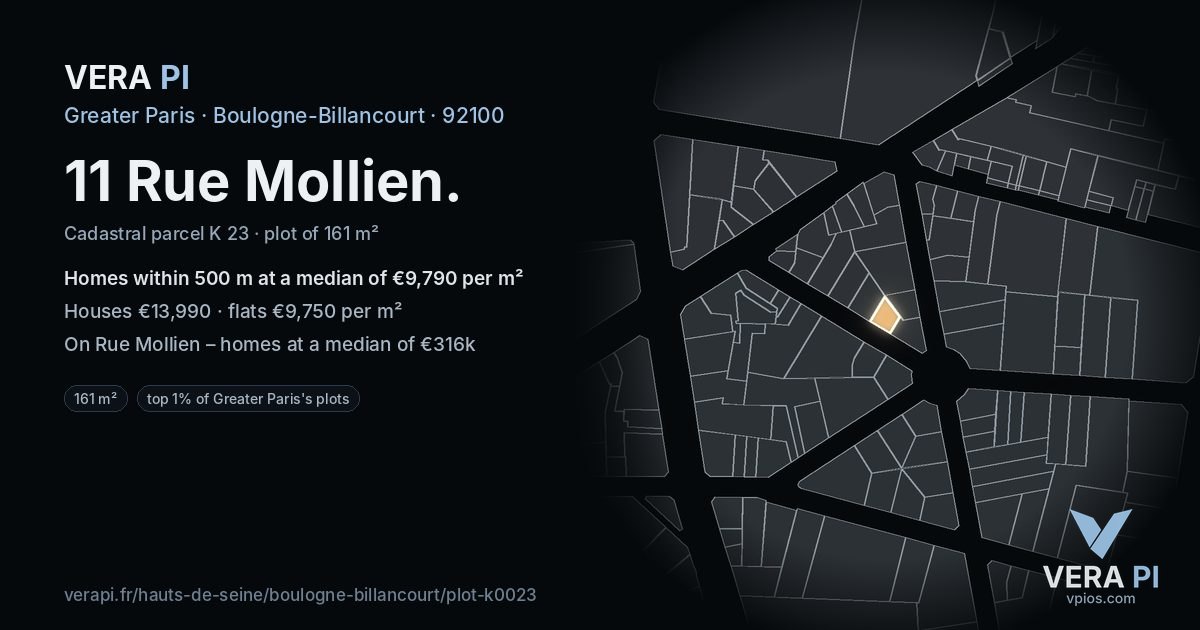 11 Rue Mollien, Boulogne-Billancourt at night – the plot lit, the parcels around coloured by the prices near them