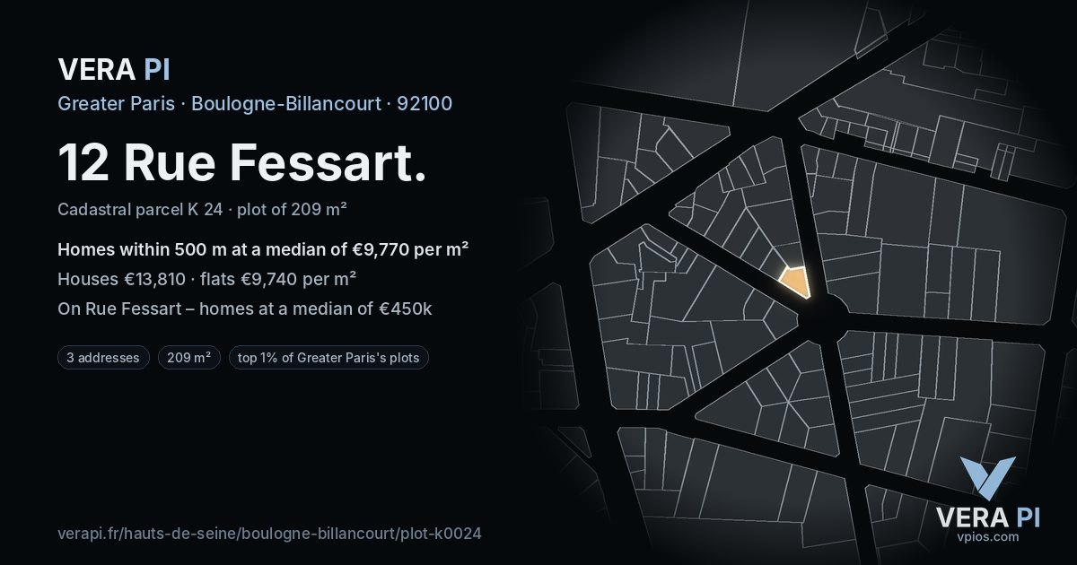12 Rue Fessart, Boulogne-Billancourt at night – the plot lit, the parcels around coloured by the prices near them
