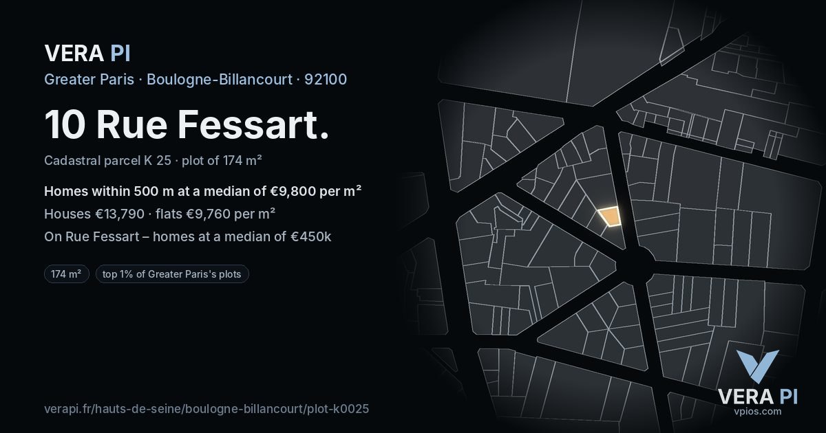 10 Rue Fessart, Boulogne-Billancourt at night – the plot lit, the parcels around coloured by the prices near them